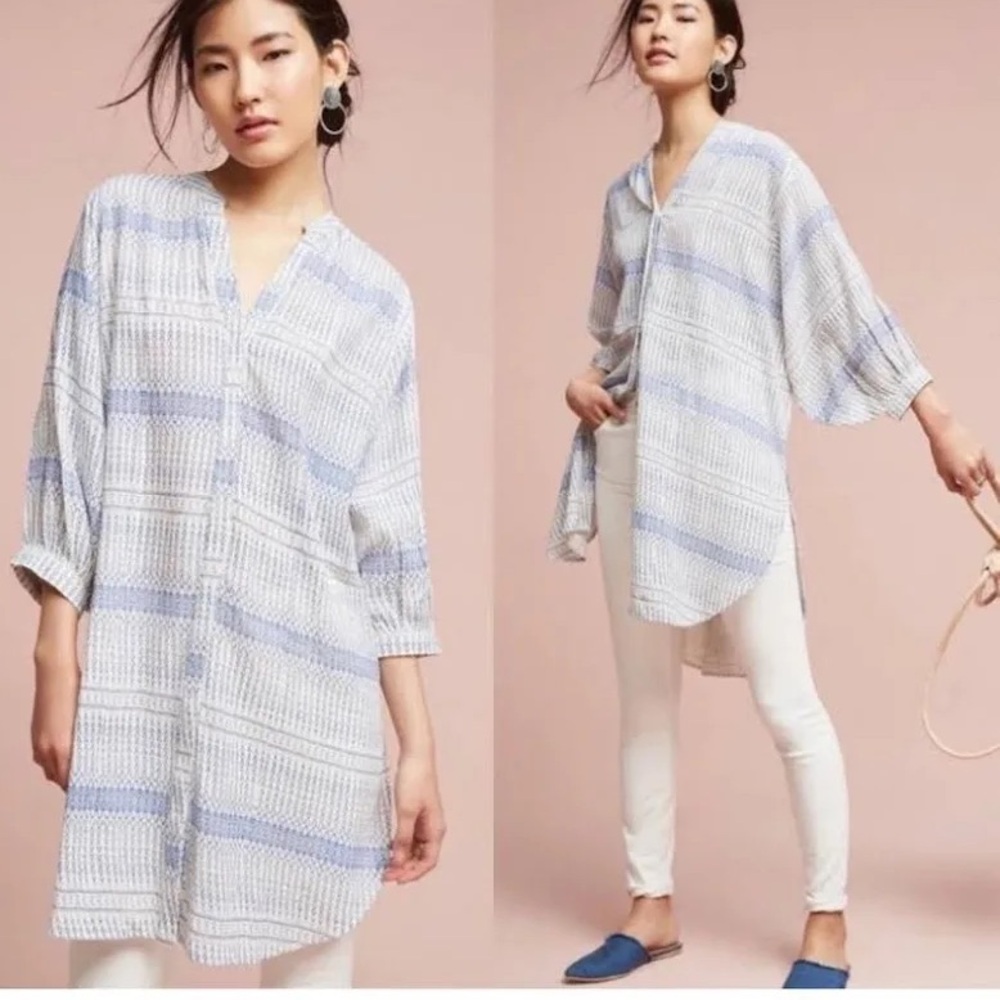Anthropologie Maeve Yarn Dyed Lena Tunic Blouse Blue White Size Small